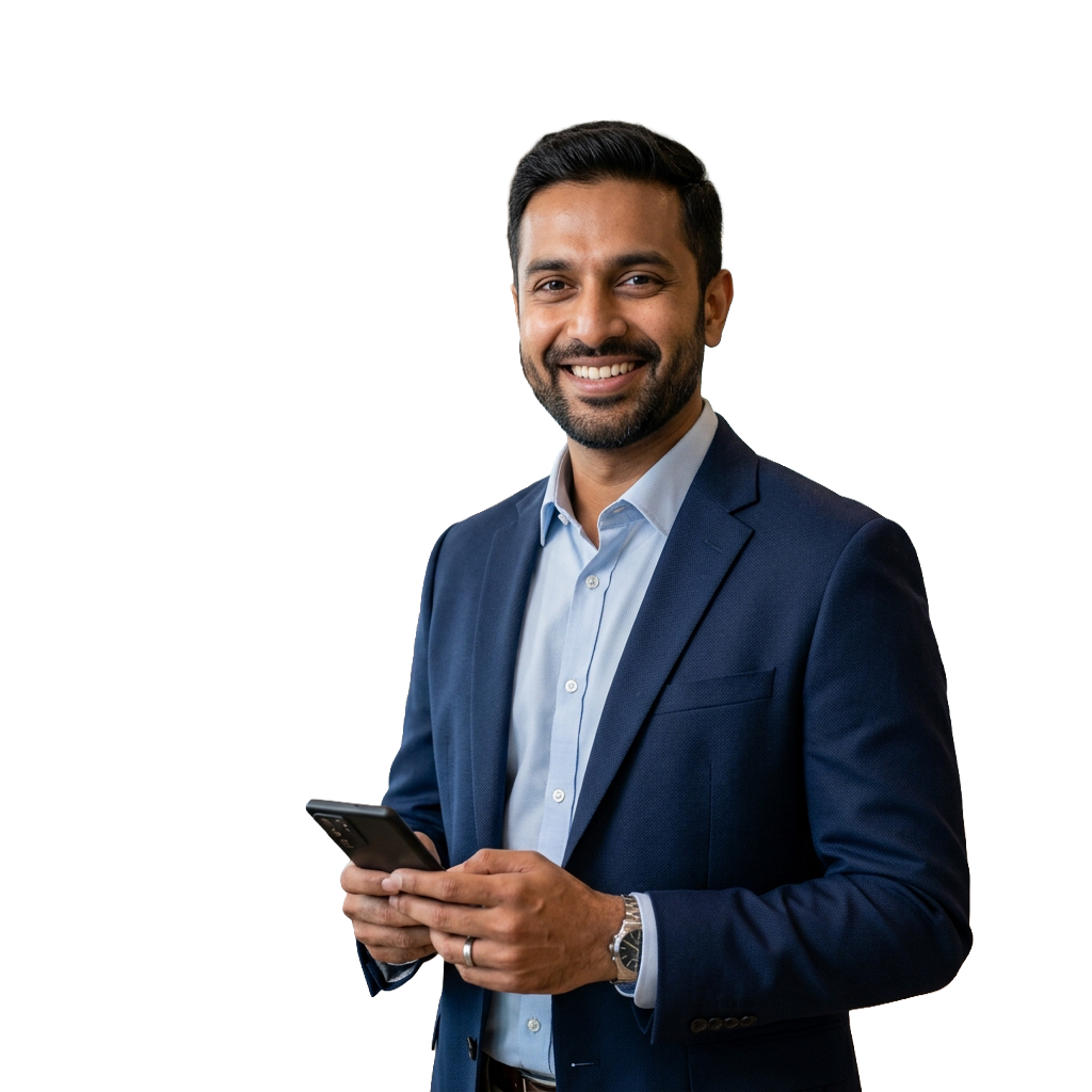 Smiling business consultant holding phone inside premium video production banner